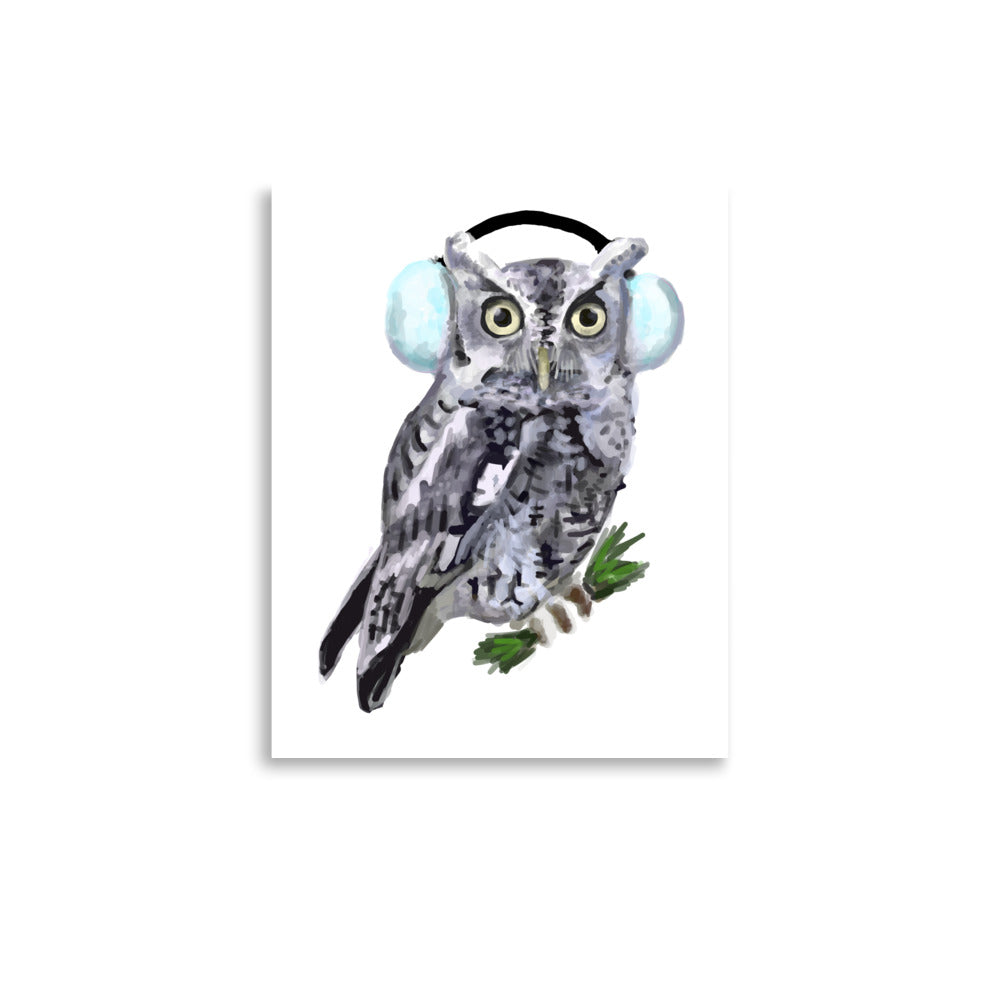 Screech Owl with Blue Earmuffs  Wildlife Illustration