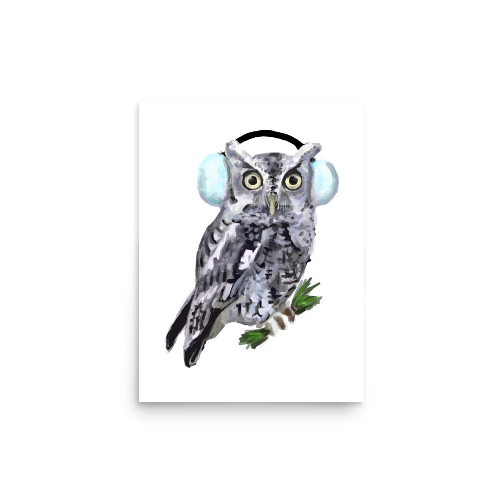 Screech Owl with Blue Earmuffs  Wildlife Illustration