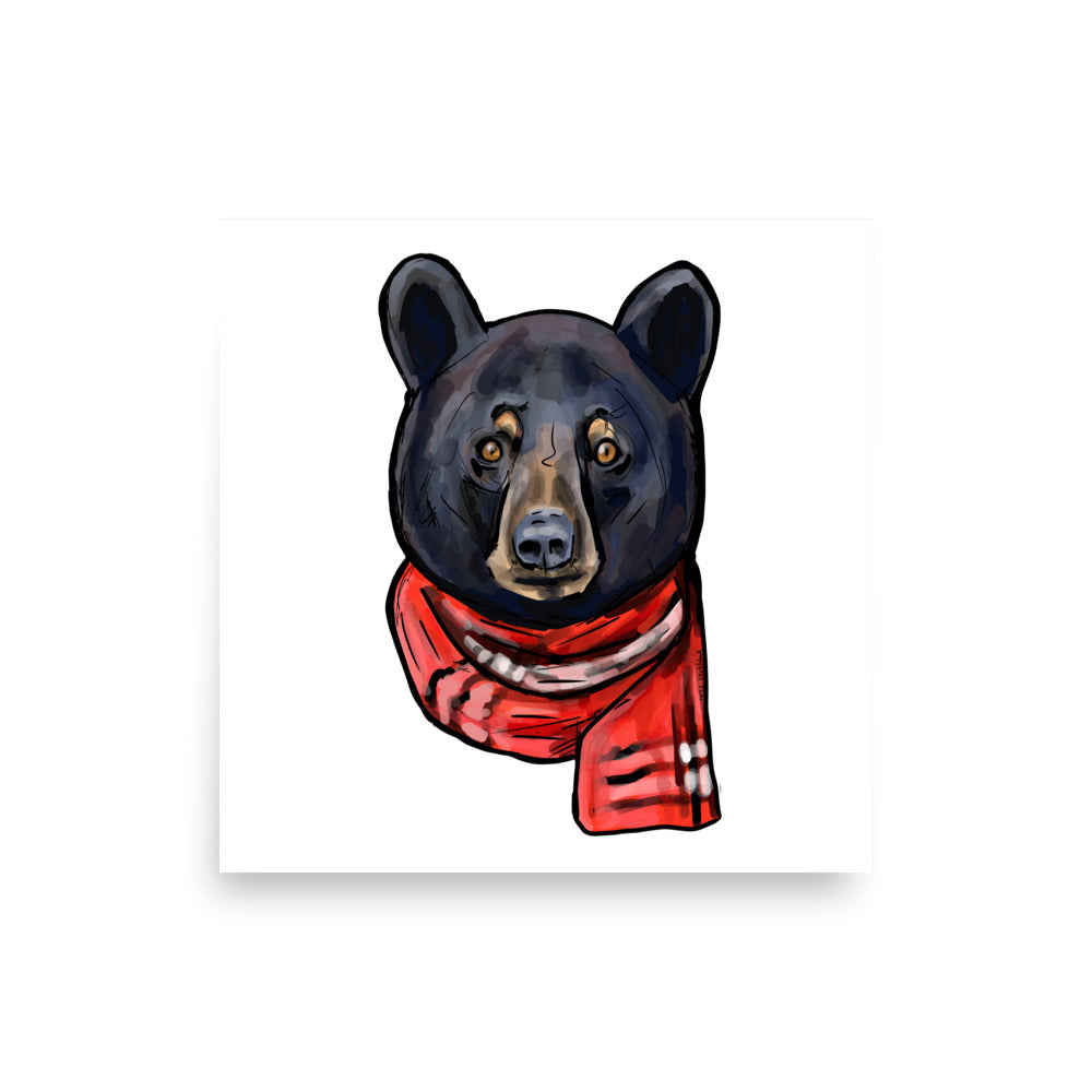 Black Bear with Red Scarf Illustration Wildlife Art