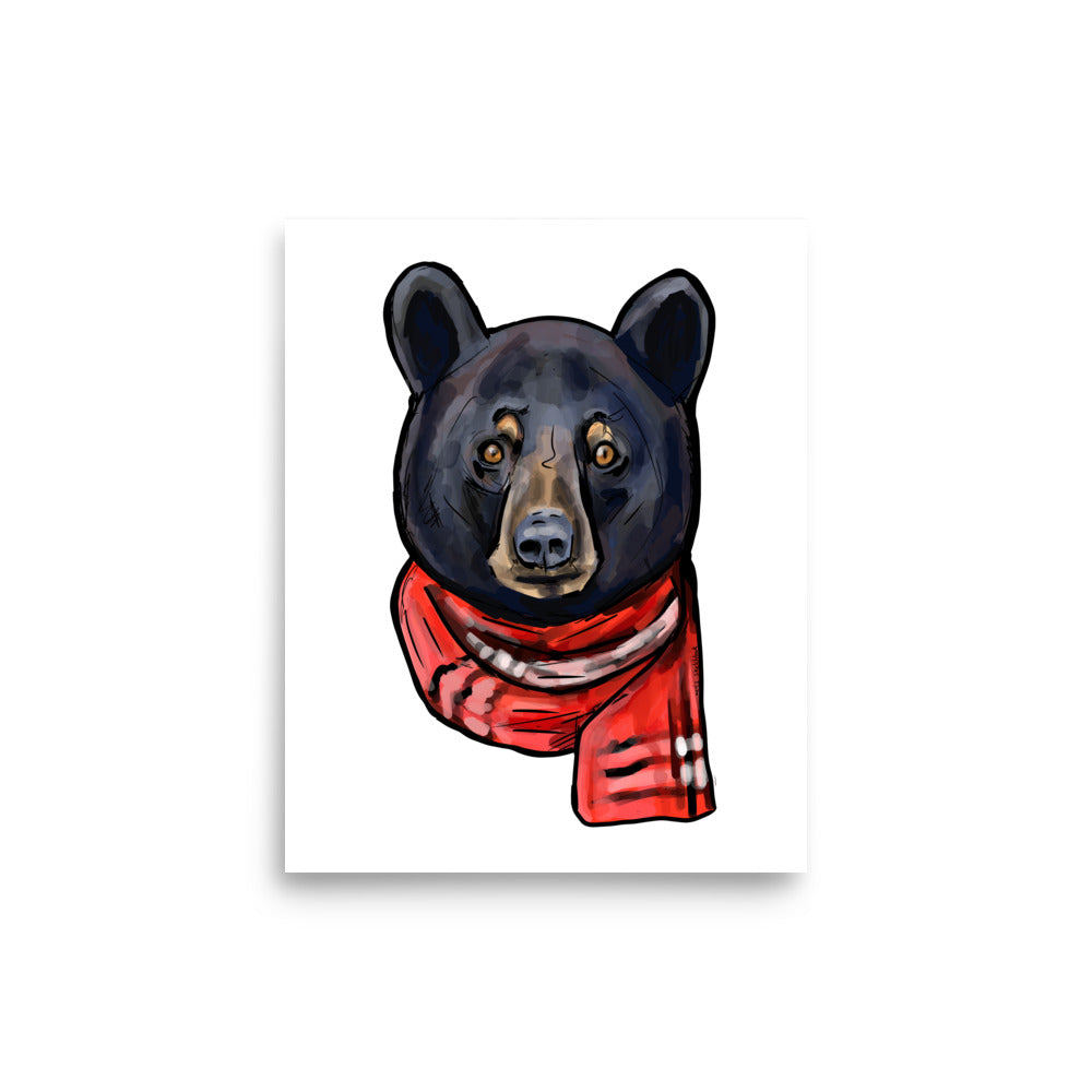 Black Bear with Red Scarf Illustration Wildlife Art